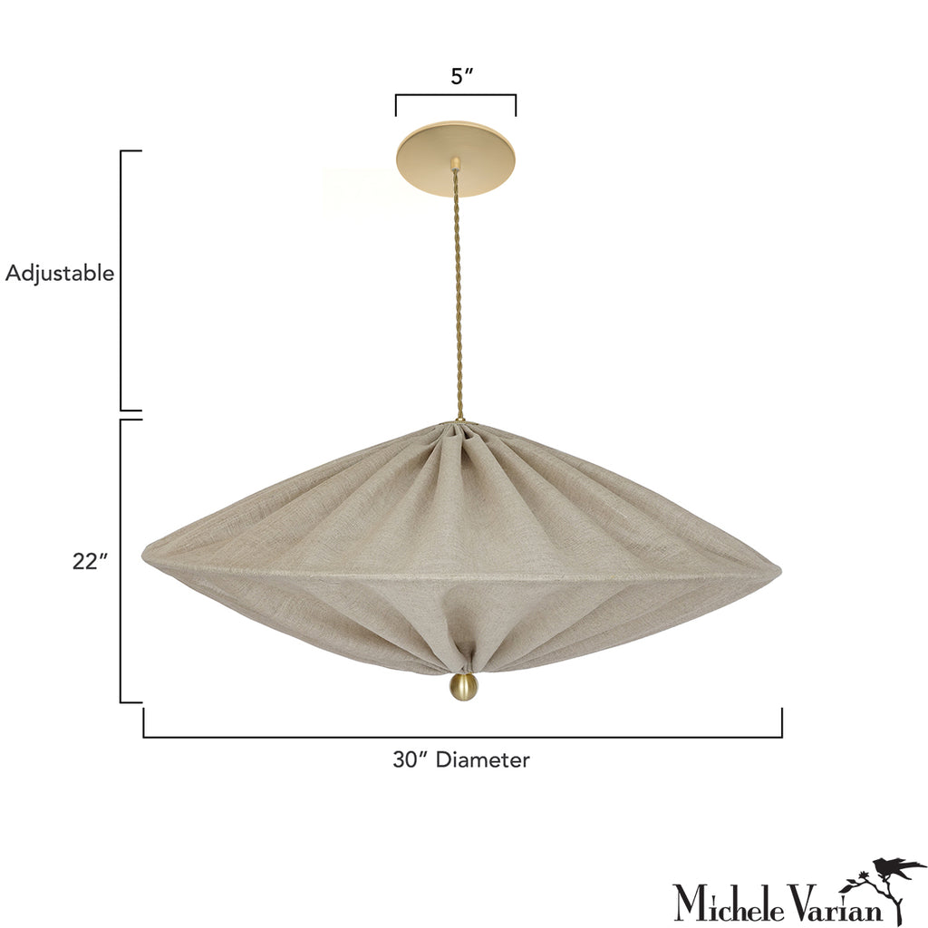 A hanging pendant light with a fabric shade and brass ceiling canopy and chain, shown with dimension labels: 5" width at the canopy, 22" shade height, and 30" diameter shade. Text on the left says adjustable. Copyright Michele Varian.
