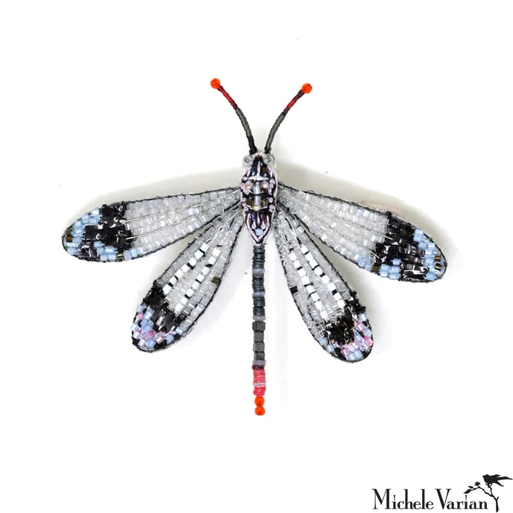A beaded insect brooch pin in grey and blue 