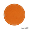 Orange circular drink coaster with white stitching on a white background.